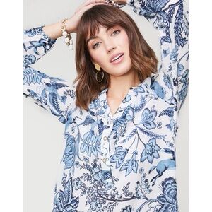 SPARTINA 449 CORA PEEPLES SONG LOWCOUNTRY SPRING BLUE WHITE SILK BLOUSE TOP